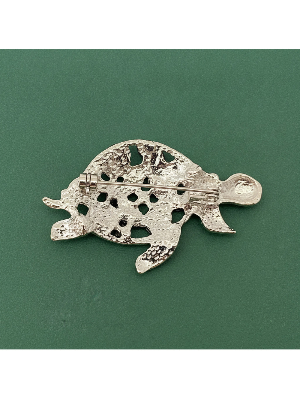 Abalone Shell & Rhinestone Turtle Silver Tone Brooch - Picture 2 of 3